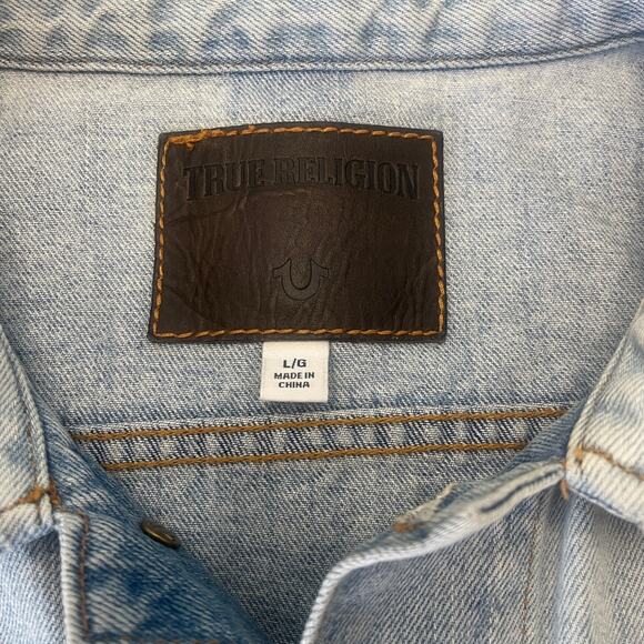 True Religion Make Art Not War Painted Denim Jean Jacket Distressed - Size Large - Picture 4 of 9